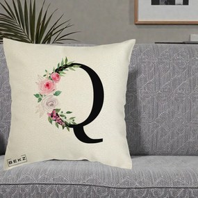 Cadou Personalizat - Perna Personalizata Monograma Florala Litera Q, 40x40 cm, Ecru, Husa Detasabila, Perna Inclusa, BEKZ®