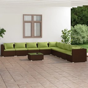 Set mobilier de gradina cu perne, 10 piese, maro, poliratan maro si verde, 3x colt + 6x mijloc + masa, 1