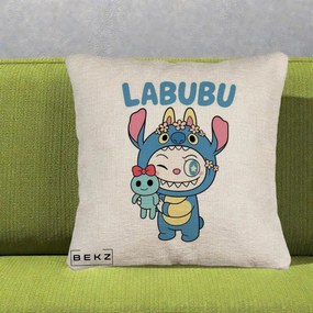 Perna Personalizata Labubu x Stitch cu Flori, 40x40 cm, Bej Canapea, Husa Detasabila, Perna Inclusa, BEKZ®