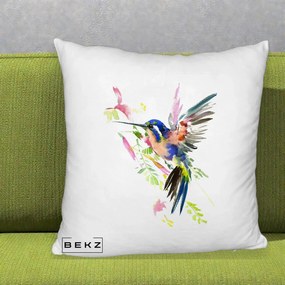 Perna Decorativa Colibri Acuarela, 40x40 cm, Alb Pufos, Husa Detasabila, Perna Inclusa, BEKZ®