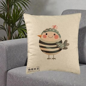 Perna Decorativa Pui Kawaii Teal cu Flori, 40x40 cm, Bej, Husa Detasabila, Perna Inclusa, BEKZ®