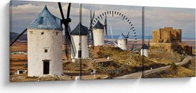 Tablou - Morile de vânt din Consuegra, Spania (cu ceas) (90x30 cm)