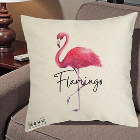 Perna Decorativa Flamingo Acuarela, 40x40 cm, Ecru, Husa Detasabila, Perna Inclusa, BEKZ®