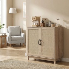 HOMCOM Bufet pentru living, mobilier de depozitare cu 2 uși din ratan, poliță reglabilă și margini rotunjite, 76 x 35 x 75,5 cm, stejar | Aosom Romania