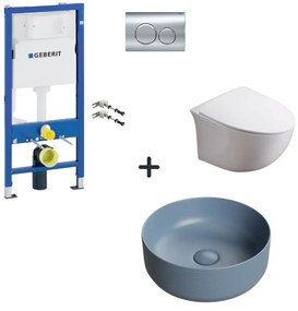 Set vas wc rimless cu capac soft close, lavoar baie albastru mat rotund si rezervor wc cu clapeta crom