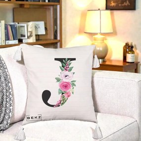 Cadou Personalizat - Perna Personalizata Monograma Florala Litera J, 40x40 cm, Bej cu Franjuri, Husa Detasabila, Perna Inclusa, BEKZ®