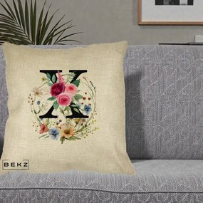 Cadou Personalizat - Perna Personalizata Monograma Florala Litera X cu Coroana, 40x40 cm, Crem, Husa Detasabila, Perna Inclusa, BEKZ®