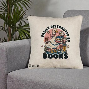 Perna Personalizata Easily Distracted by Books, 40x40 cm, Bej Canapea, Husa Detasabila, Perna Inclusa, BEKZ®
