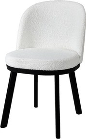 Scaun dining tapițat shabby chic din stofă bouclé și lemn de fag, alb, cu spătar rotunjit învelitor și picioare negre, 80 x 49 x 55 cm, „Amelie”