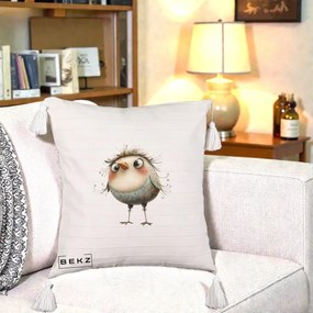 Perna Decorativa Pasare cu Penaj Zbarlit si Gene, 40x40 cm, Bej cu Franjuri, Husa Detasabila, Perna Inclusa, BEKZ®