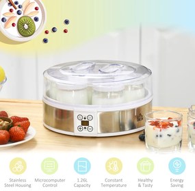 HOMCOM Mașină de Făcut Iaurt cu 7 Borcane Sticlă 180ml Cronometru Termostat Ajustabil Afisaj LED Deserturi Casnice | Aosom Romania