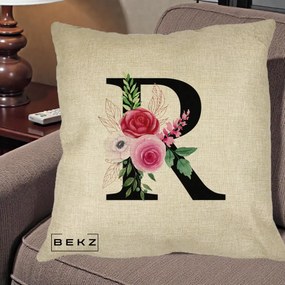 Cadou Personalizat - Perna Personalizata Monograma Florala Litera R, 40x40 cm, Crem, Husa Detasabila, Perna Inclusa, BEKZ®