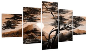 Tablou cu pom, munți și soare (125x70 cm), în 40 de alte dimensiuni noi