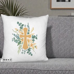 Perna Personalizata Cruce Florala Botez, 40x40 cm, Alb Pufos, Husa Detasabila, Perna Inclusa, BEKZ®