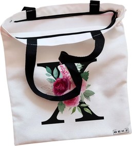 Sacosa de Panza pentru Cumparaturi, Geanta Tote, Cu litera X si Trandafiri, Cu fermoar, 38x34.5 cm, Alba, BEKZ®