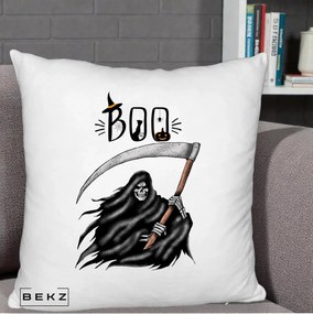 Perna Decorativa Halloween Boo Grim Reaper cu Coasa, 40x40 cm, Alb Pufos, Husa Detasabila, Perna Inclusa, BEKZ®