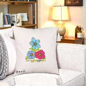 Perna Decorativa Trei Flori Grafice Pop Art, 40x40 cm, Bej cu Franjuri, Husa Detasabila, Perna Inclusa, BEKZ®