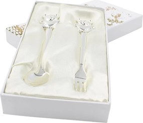 Set tacâmuri copii AZAY ursuleț albastru, linguriță și furculiță, cutie cadou elegantă cu tissue paper, 14.5 cm