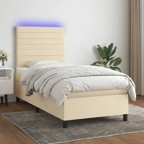 vidaXL Pat cu arcuri, saltea și LED, crem, 100x200 cm, textil