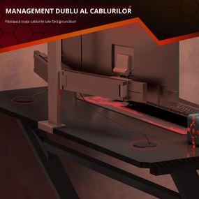 HOMCOM Masă Gaming Avansată cu Management al Cablurilor, Suport pentru Pahare și Cârlig pentru Căști, Design Ergonomic, Negru | Aosom Romania
