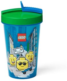 Pahar cu capac verde și pai LEGO® Iconic, 500 ml, albastru