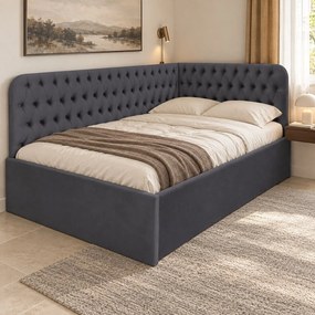 Pat tapițat pentru copii din catifea Elyra 140×200 cm, gri închis, colț stânga, cu ladă de depozitare