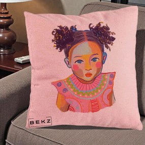 Perna Decorativa Fetita Vesela Portret Colorat, 40x40 cm, Roz, Husa Detasabila, Perna Inclusa, BEKZ®