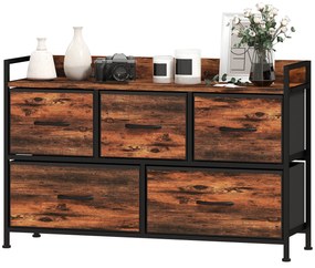 HOMCOM Comodă, mobilier de depozitare cu 5 sertare pliabile din țesătură, blat și cadru din oțel, 98 x 29 x 63 cm, maro rustic | Aosom Romania