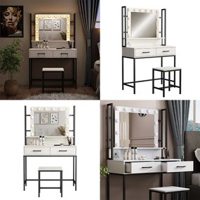 SEA807 - Set Masa toaleta 90 cm, cosmetica, machiaj, oglinda cu LED, masuta vanity cu scaun - Alb - Negru