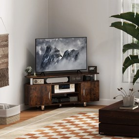 HOMCOM Stand TV pentru televizoare de până la 55 cu suprafață mare, dulapuri cu uși și compartiment deschis, maro | Aosom Romania