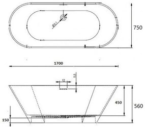 Cada baie freestanding, ovala, Marlin Bella Casa, acril, 170 x 75 cm 1700x750 mm