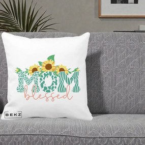 Cadou pentru Mama - Perna Personalizata Mom Blessed cu Floarea Soarelui Animal Print Teal, 40x40 cm, Alba Mata, Husa Detasabila, Perna Inclusa, BEKZ®
