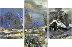 Tablou -Cabane într-un peisaj de iarnă, pictură în ulei (90x60 cm)