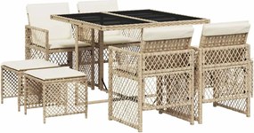 vidaXL Set de masă pentru grădină, 9 piese, cu perne, bej, poliratan