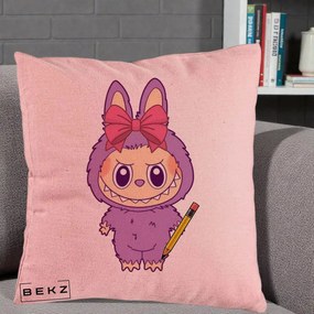 Perna Personalizata Labubu Mov cu Funda Rosie si Creion, 40x40 cm, Roz, Husa Detasabila, Perna Inclusa, BEKZ®