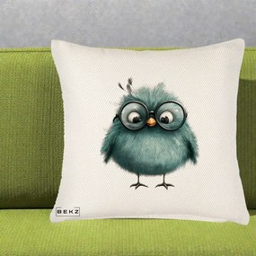 Perna Decorativa Pui Teal cu Ochelari Rotunzi, 40x40 cm, Crem Reliefat, Husa Detasabila, Perna Inclusa, BEKZ®