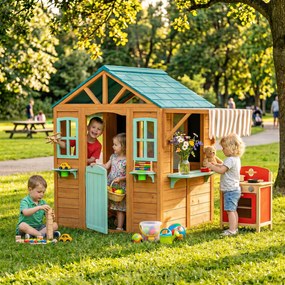 AIYAPLAY Căsuță de Joacă de Exterior cu Bar pentru Gustări, Ușă Pe Jumătate, Ferestre, Suporturi pentru Ghivece, Tablă de Desen, Tablă de Țintă, 4 Bile | Aosom Romania