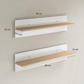 HOMCOM Set 2 Rafturi de Perete pentru Casă și Birou, Rafturi din Lemn pentru Bucătărie și Living, 80x16.5x20 cm, Alb și Lemn Natural | Aosom Romania