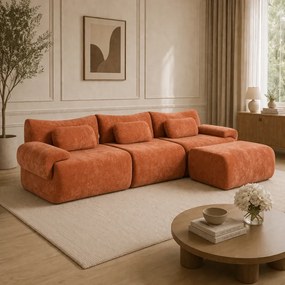 VELORA – Canapea Modulară din Chenille Premium, din spumă de înaltă densitate, L-Shape, 3 perne, Ultra Confort & Design Reconfigurabil, Portocaliu