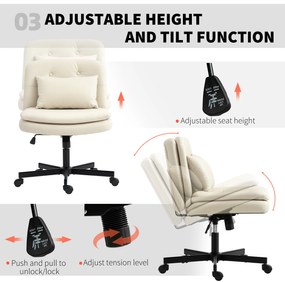 HOMCOM Scaun de birou fără brațe cu piele ecologică, scaun de birou cu roți, pernă suplimentară, reglabil în înălțime, rotativ, bej | Aosom Romania