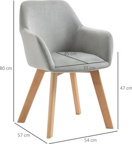 HOMCOM Set 2 Scaune de Sufragerie cu Picioare din Lemn, Scaune de Bucatarie Capitonate cu Cotiere din Tesatura Catifelata, 54x57x80cm, Gri