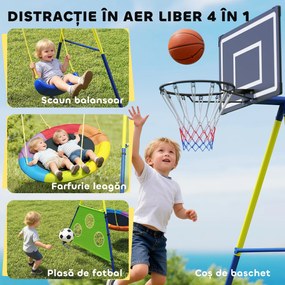 AIYAPLAY Set Leagăne de Grădină 4-în-1 pentru Copii cu Leagăne Duble, Coș de Baschet, Poartă de Fotbal, Cadru Metalic în Formă de A, Capacitate 150 kg, pentru Exterior, 3-8 Ani, 288x160x220 cm | Aosom Romania