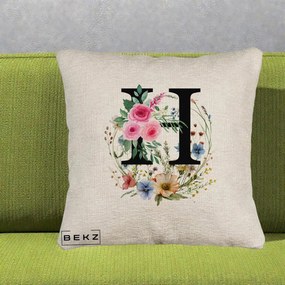 Cadou Personalizat - Perna Personalizata Monogram Litera H cu Flori Acuarela, 40x40 cm, Bej Canapea, Husa Detasabila, Perna Inclusa, BEKZ®