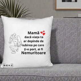 Cadou pentru Mama - Perna Personalizata Mama Nemuritoare Portret Graphic, 40x40 cm, Alb Pufos, Husa Detasabila, Perna Inclusa, BEKZ®