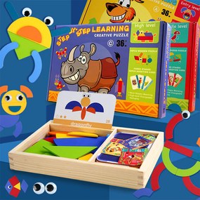 Joc magnetic tangram din lemn cu cărți englezești, nivel avansat