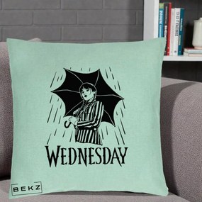 Perna Personalizata Wednesday cu Umbrela Ploaie Lineart, 40x40 cm, Verde Menta, Husa Detasabila, Perna Inclusa, BEKZ®