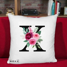 Cadou Personalizat - Perna Personalizata Monograma Florala Litera X cu Buchet, 40x40 cm, Alb Pufos, Husa Detasabila, Perna Inclusa, BEKZ®