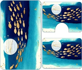 Set covoare baie antiderapante, 3 piese, model pesti aurii decorativi