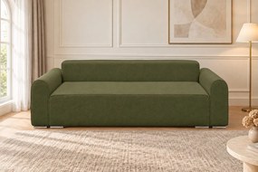Canapea extensibilă Fiorella din boucle, verde olive, cu ladă de depozitare