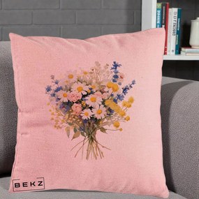 Perna Decorativa Buchet Camp Acuarela Margarete-Lavanda, 40x40 cm, Roz, Husa Detasabila, Perna Inclusa, BEKZ®